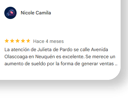 La atención de Julieta de Pardo se calle Avenida Olascoaga en Neuquén es excelente. Se merece un aumento de sueldo por la forma de generar ventas.